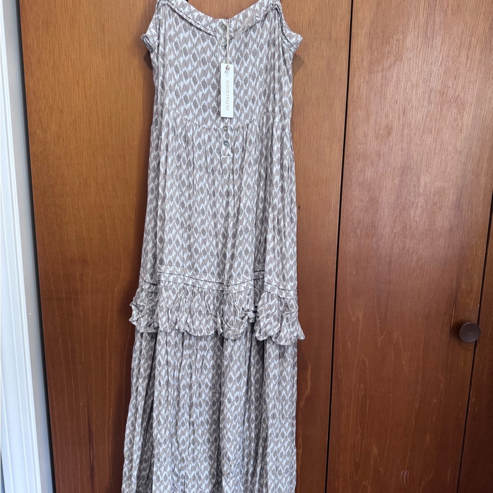 Olivaceous Taupe and Cream Ikat Maxi Dress